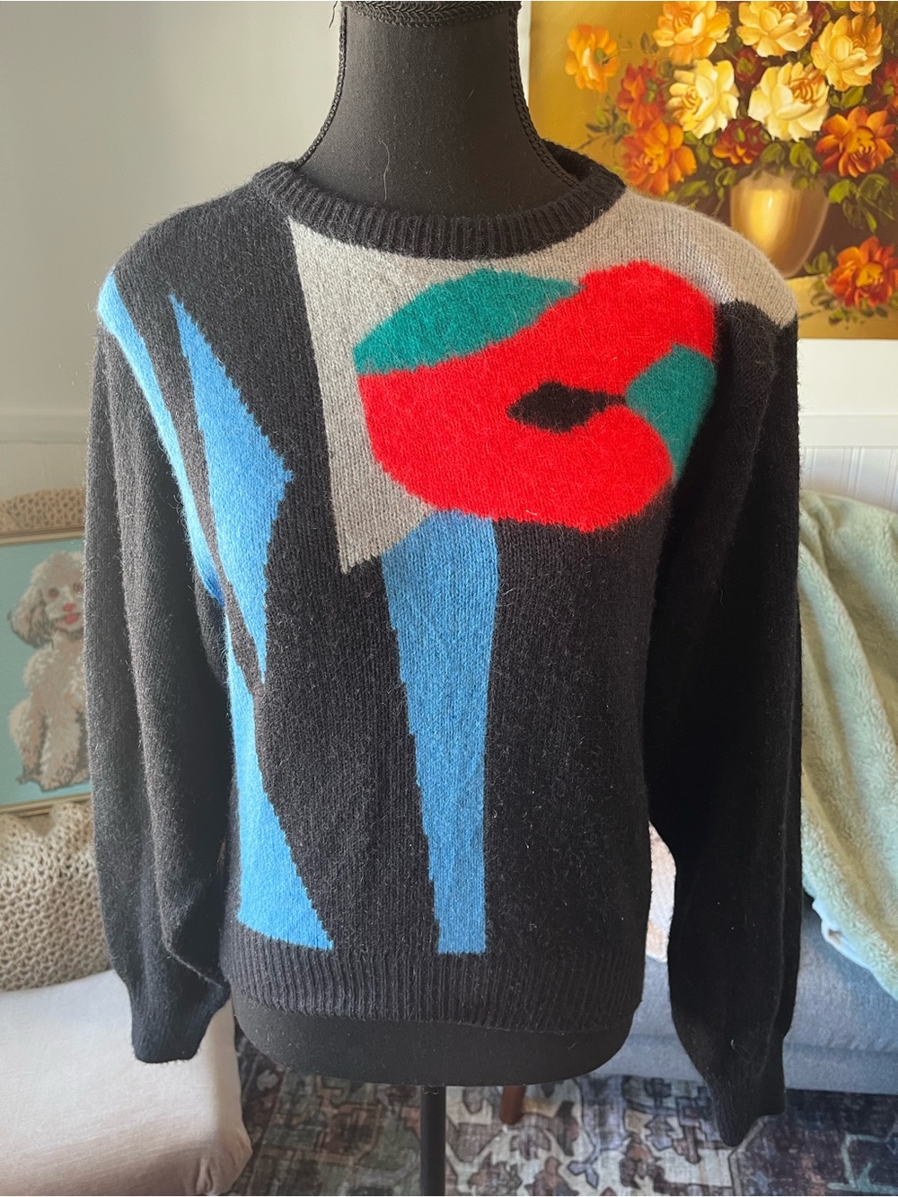 Women’s Vintage Black Abstract Colorblock Crewneck Sweater Size M - Picture 2 of 5